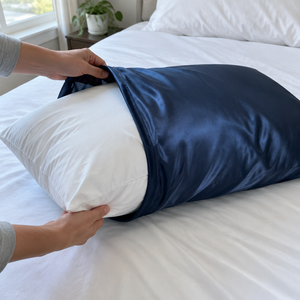 slipping a pillow into a navy silk pillowcase