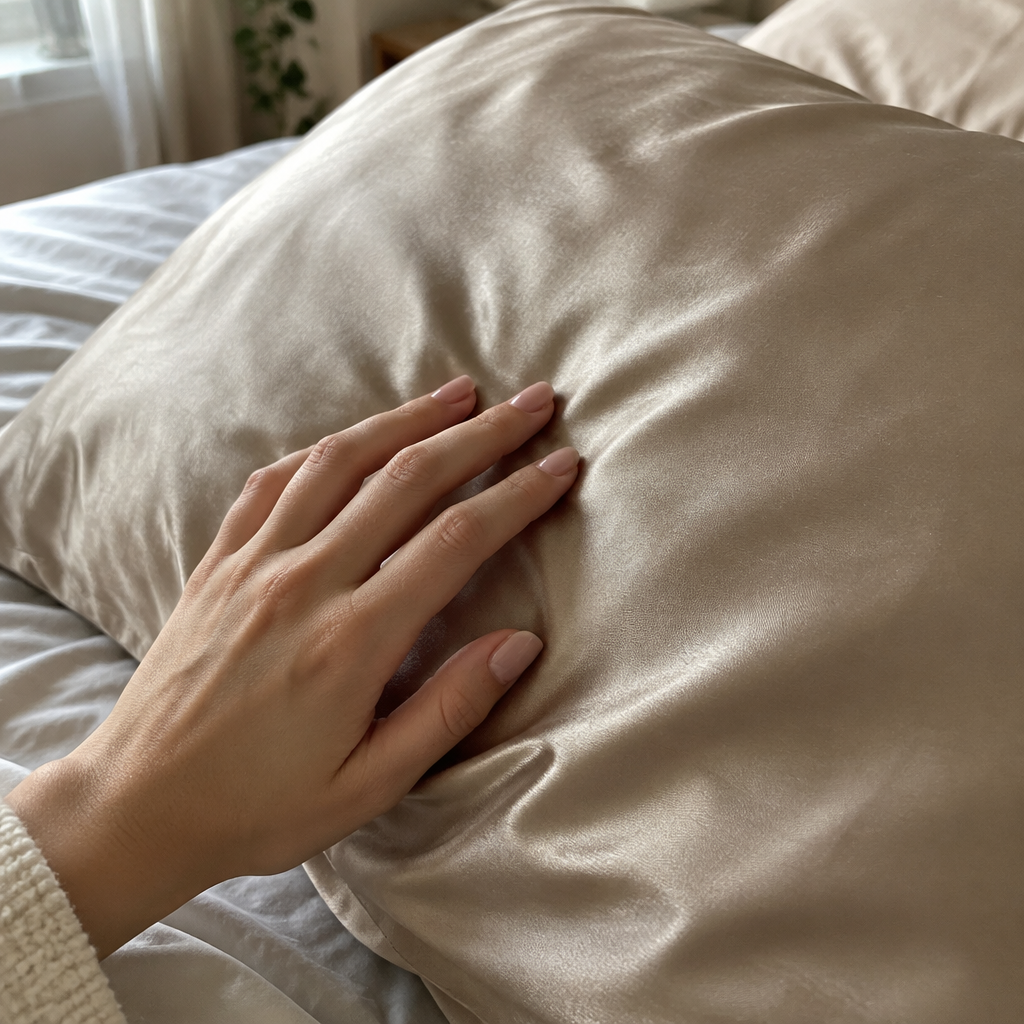 Lucire lifestyle: hand resting on a champagne silk pillowcase